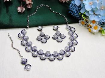 Blue rhodium premium designer american diamond and stone work necklace set 2