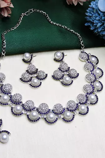 Blue rhodium premium designer american diamond and stone work necklace set