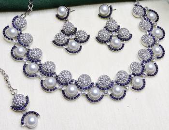 Blue rhodium premium designer american diamond and stone work necklace set 3