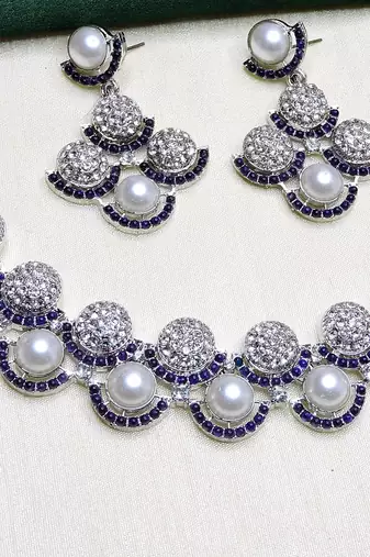 Blue rhodium premium designer american diamond and stone work necklace set