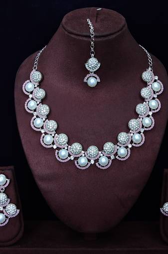 Pink rhodium premium designer american diamond and stone work necklace set