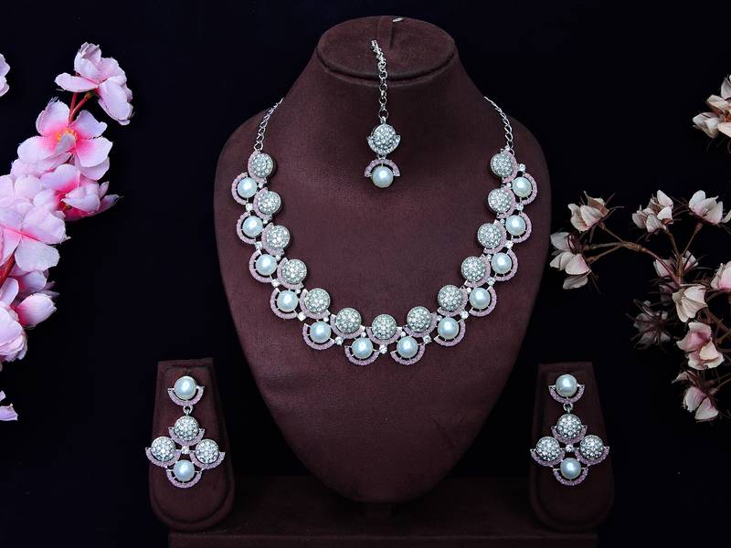 Pink rhodium premium designer american diamond and stone work necklace set