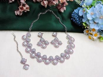 Pink rhodium premium designer american diamond and stone work necklace set 2