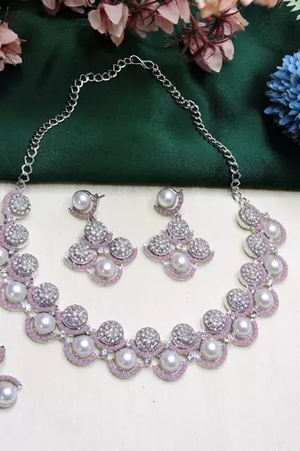 Pink rhodium premium designer american diamond and stone work necklace set