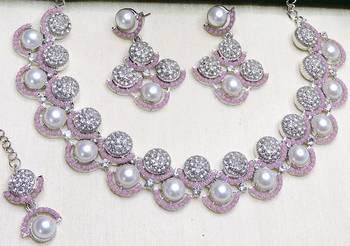 Pink rhodium premium designer american diamond and stone work necklace set 3