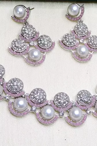 Pink rhodium premium designer american diamond and stone work necklace set