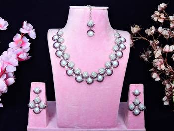 Purple rhodium premium designer american diamond and stone work necklace set 1