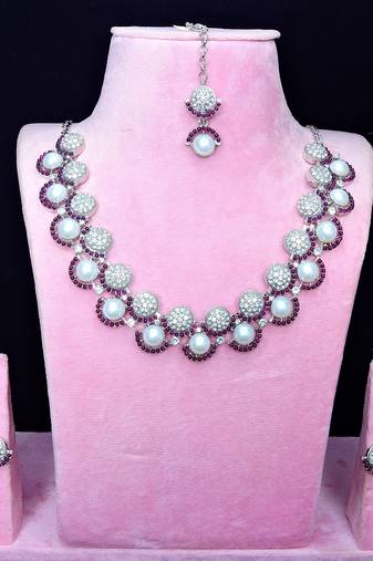 Purple rhodium premium designer american diamond and stone work necklace set
