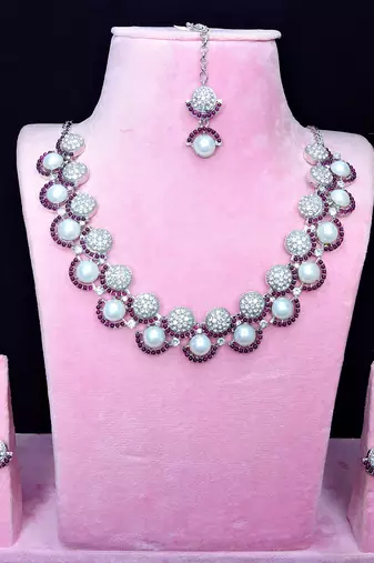 Purple rhodium premium designer american diamond and stone work necklace set