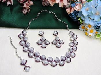 Purple rhodium premium designer american diamond and stone work necklace set 2