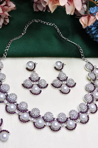 Purple rhodium premium designer american diamond and stone work necklace set