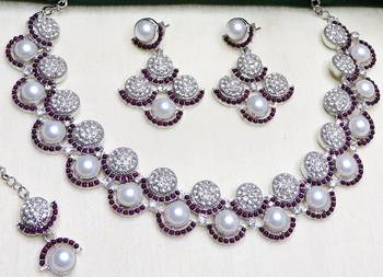 Purple rhodium premium designer american diamond and stone work necklace set 3