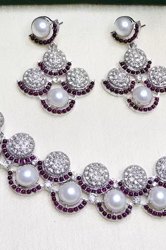 Purple rhodium premium designer american diamond and stone work necklace set