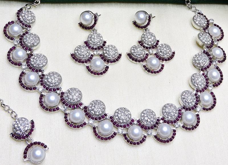 Purple rhodium premium designer american diamond and stone work necklace set