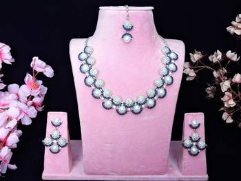Blue rhodium premium designer american diamond and stone work necklace set 1
