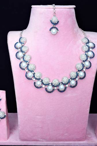 Blue rhodium premium designer american diamond and stone work necklace set