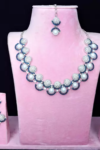 Blue rhodium premium designer american diamond and stone work necklace set