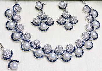 Blue rhodium premium designer american diamond and stone work necklace set 2