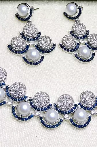 Blue rhodium premium designer american diamond and stone work necklace set