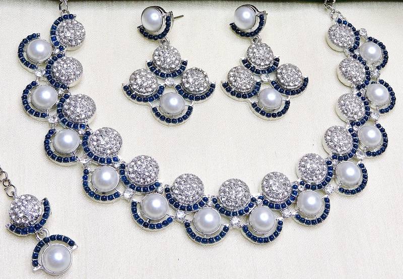 Blue rhodium premium designer american diamond and stone work necklace set