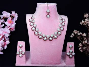 Pink rhodium premium designer american diamond and stone work necklace set 1