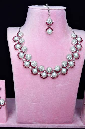 Pink rhodium premium designer american diamond and stone work necklace set