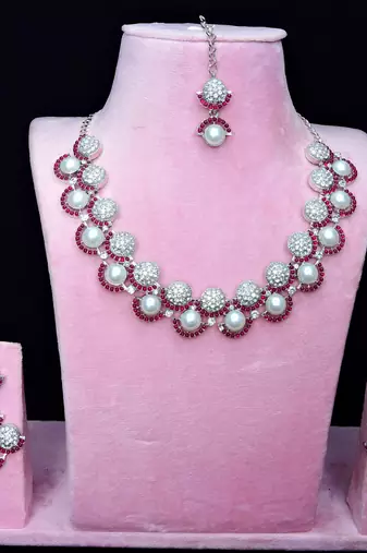 Pink rhodium premium designer american diamond and stone work necklace set