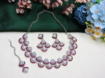 Pink rhodium premium designer american diamond and stone work necklace set 2
