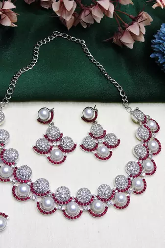 Pink rhodium premium designer american diamond and stone work necklace set
