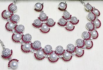 Pink rhodium premium designer american diamond and stone work necklace set 3