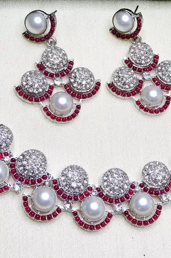 Pink rhodium premium designer american diamond and stone work necklace set