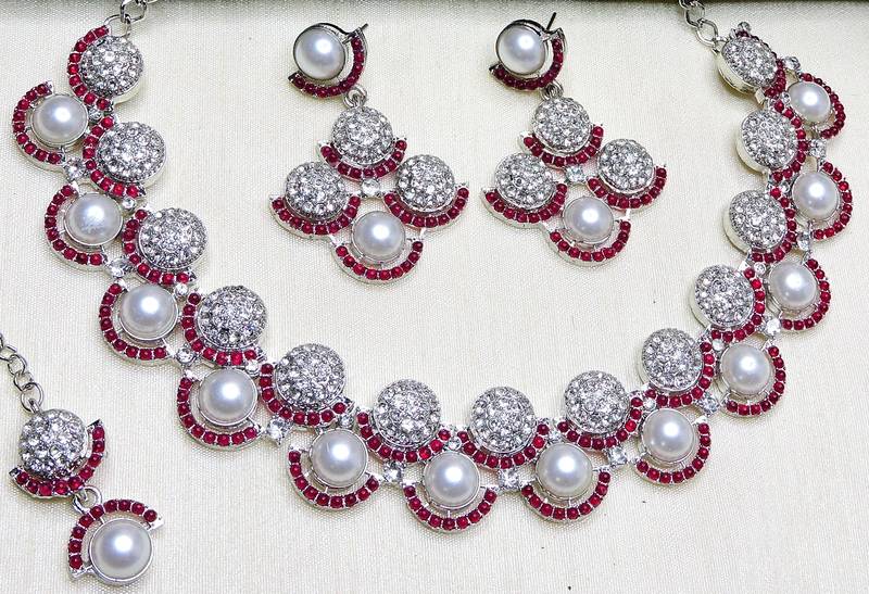 Pink rhodium premium designer american diamond and stone work necklace set