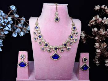 Blue yellow gold premium designer american diamond and stone work necklace set 1