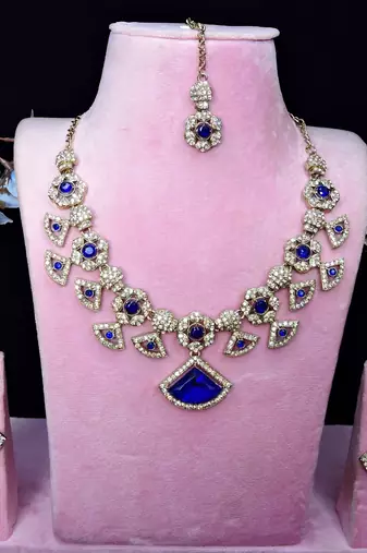 Blue yellow gold premium designer american diamond and stone work necklace set