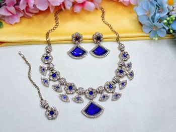 Blue yellow gold premium designer american diamond and stone work necklace set 2