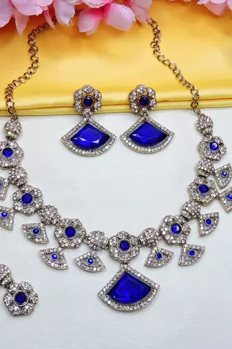 Blue yellow gold premium designer american diamond and stone work necklace set