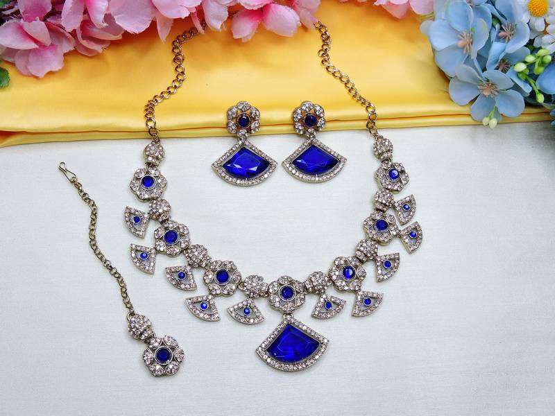 Blue yellow gold premium designer american diamond and stone work necklace set