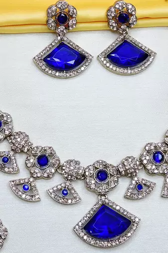 Blue yellow gold premium designer american diamond and stone work necklace set