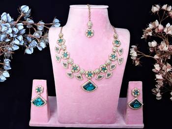 Green yellow gold premium designer american diamond and stone work necklace set 1