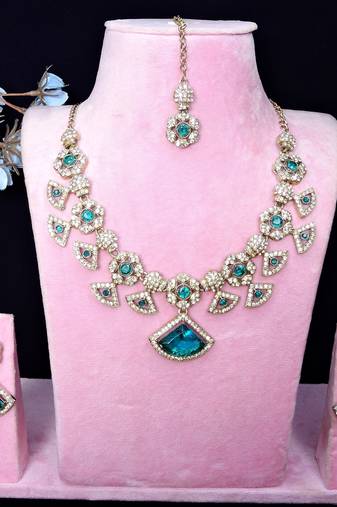 Green yellow gold premium designer american diamond and stone work necklace set