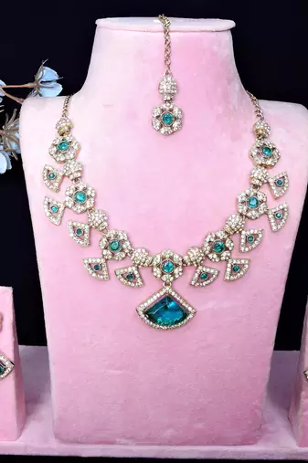Green yellow gold premium designer american diamond and stone work necklace set