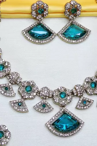 Green yellow gold premium designer american diamond and stone work necklace set