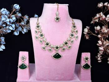 Green yellow gold premium designer american diamond and stone work necklace set 1