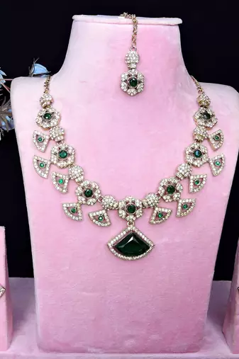 Green yellow gold premium designer american diamond and stone work necklace set