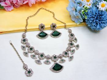 Green yellow gold premium designer american diamond and stone work necklace set 2