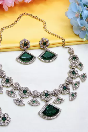 Green yellow gold premium designer american diamond and stone work necklace set