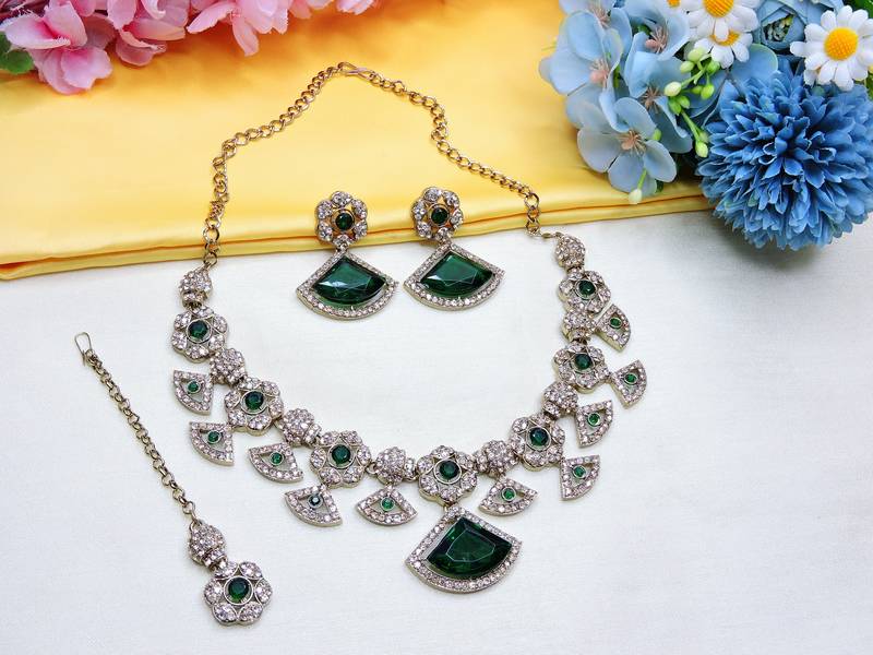 Green yellow gold premium designer american diamond and stone work necklace set