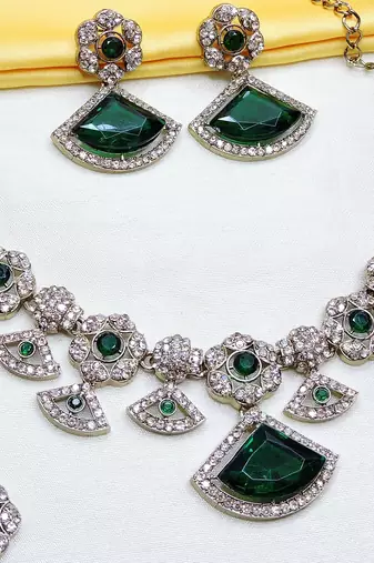 Green yellow gold premium designer american diamond and stone work necklace set