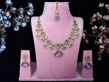 Purple yellow gold premium designer american diamond and stone work necklace set 1