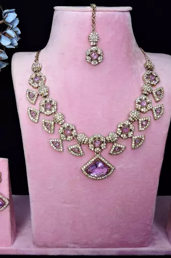Purple yellow gold premium designer american diamond and stone work necklace set